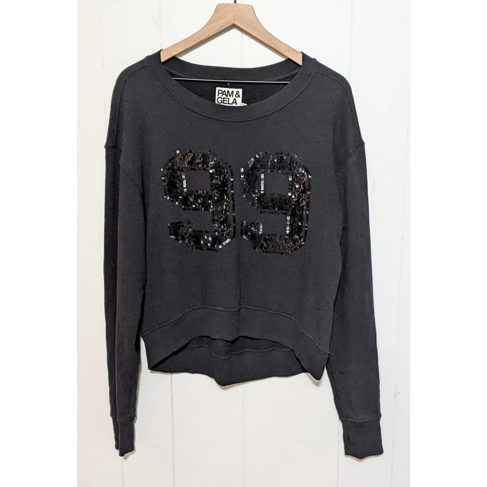 Pam & Gela Black Sequin 99 Long Sleeve Sweatshirt Crew Neck Women's Pullover M - Picture 6 of 6